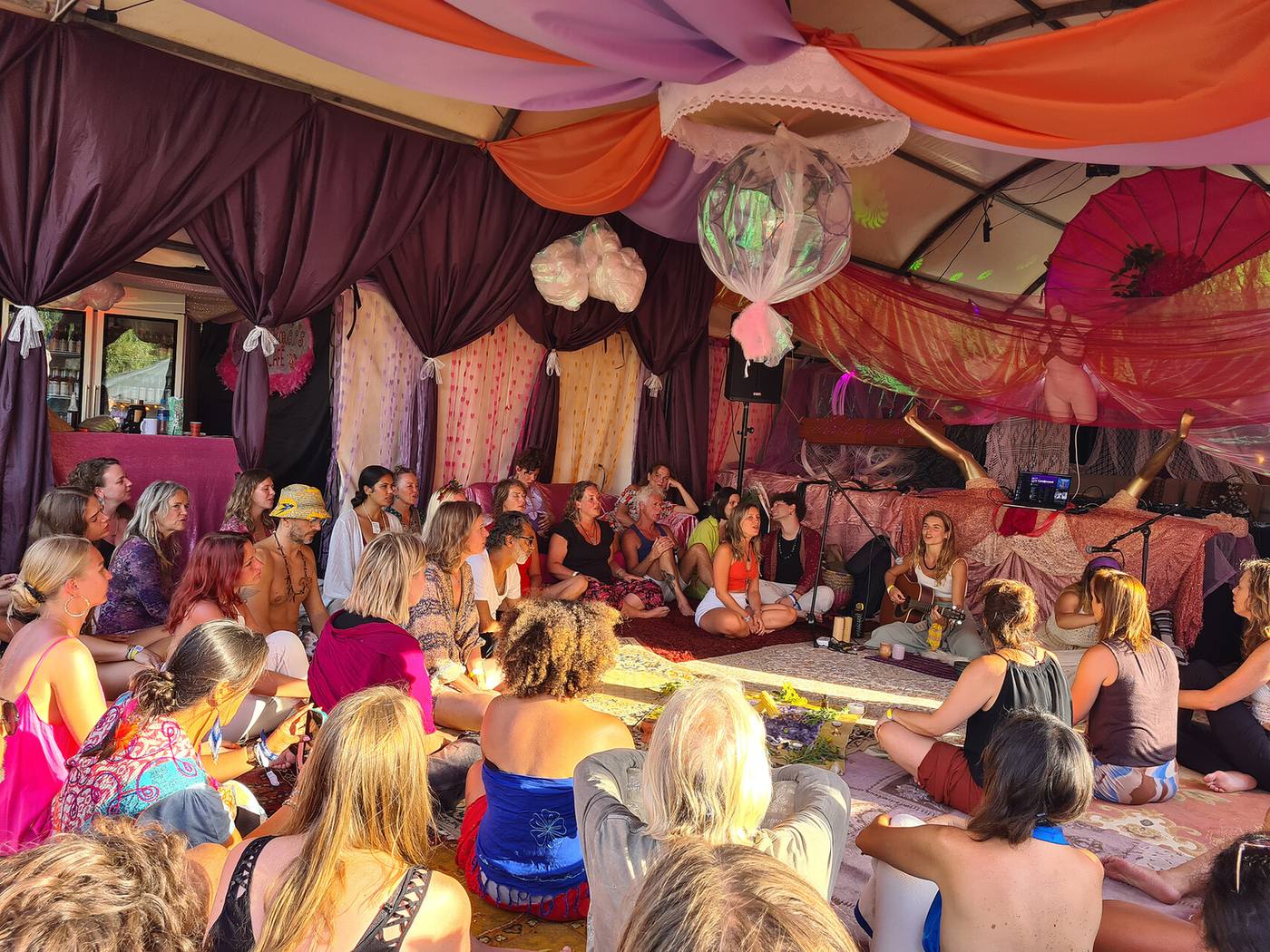 Polysson Temple 2024. An immersive ceremony space centered on the "Goddess of fluffiness," designed to facilitate a ritualistic return to the womb.